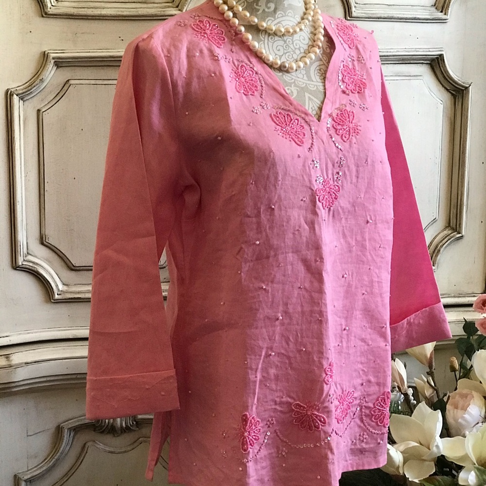 VTG IRISH LINEN HAND BEADED LONG SLEEVE TOP M NWOT